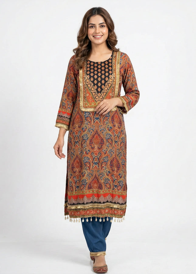 Navy Blue & Rust Paisley Print Designer Kurta Set with Cowrie Shell Tassels & Embroidered Yoke
