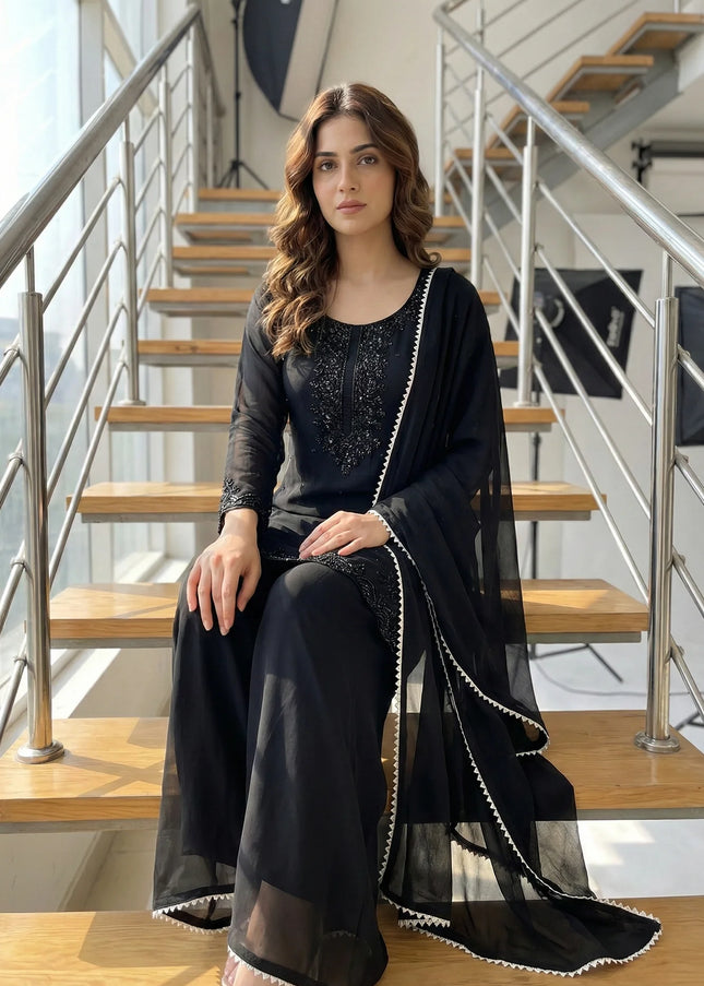 Elegant Jet Black Embellished Georgette Suit Set