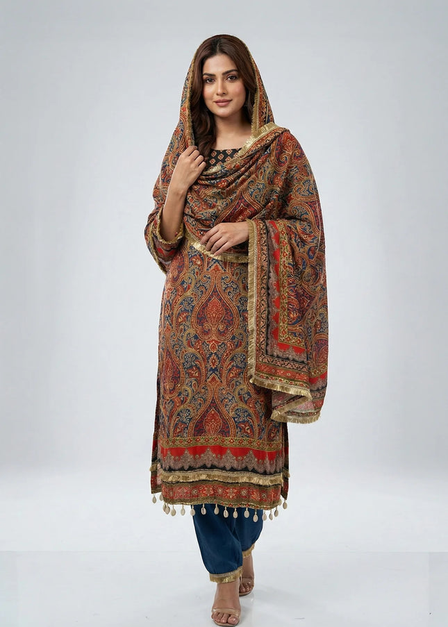 Navy Blue & Rust Paisley Print Designer Kurta Set with Cowrie Shell Tassels & Embroidered Yoke