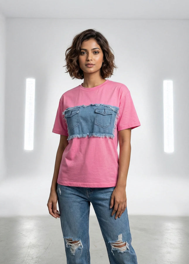 Pink Denim-Patch Tee & Ripped Jeans