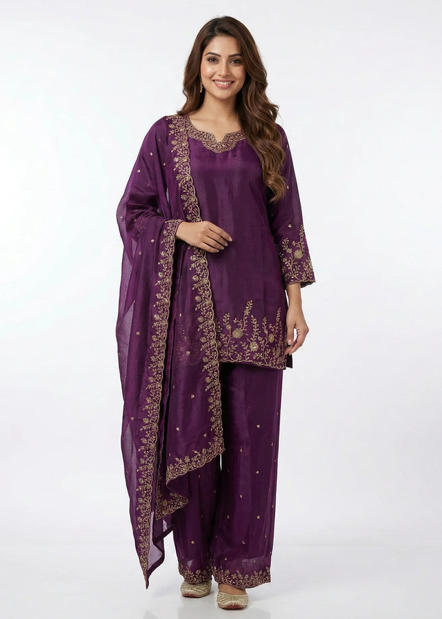 Purple Silk Palazzo Suit with Gold Zari Embroidery & Scalloped Hem