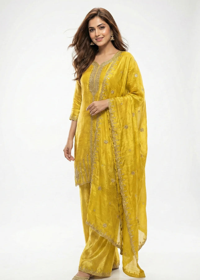 Luxe Crushed Silk Embroidered Palazzo Suit Set