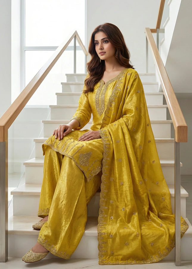 Luxe Crushed Silk Embroidered Palazzo Suit Set
