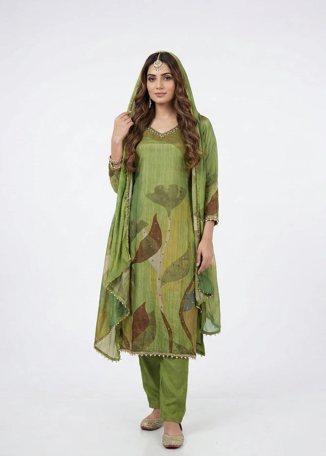 Botanical Print Embellished Suit Set
